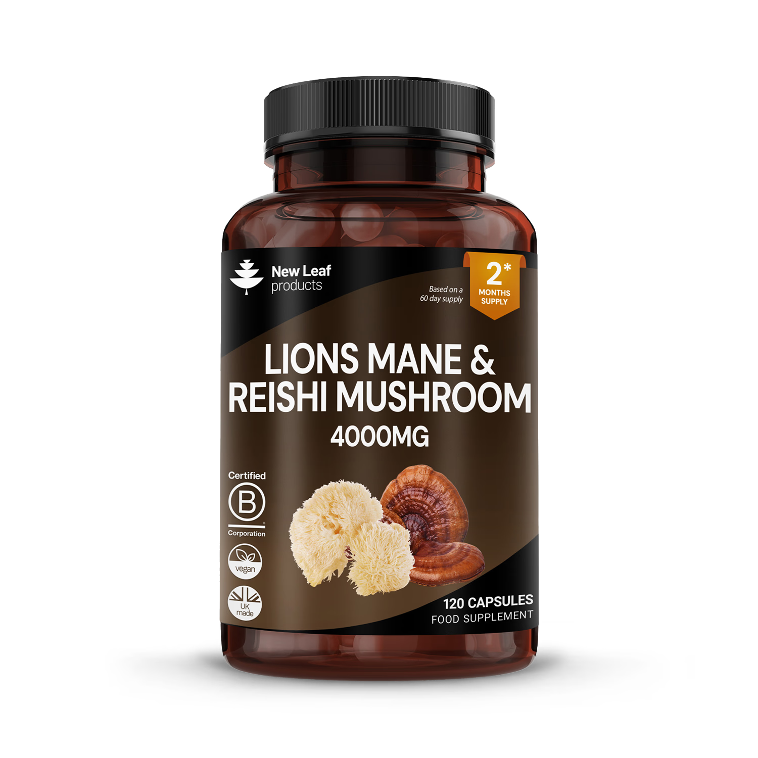 New Leaf Products Lions Mane and Reishi mushroom supplement 120 capsules (British brand)