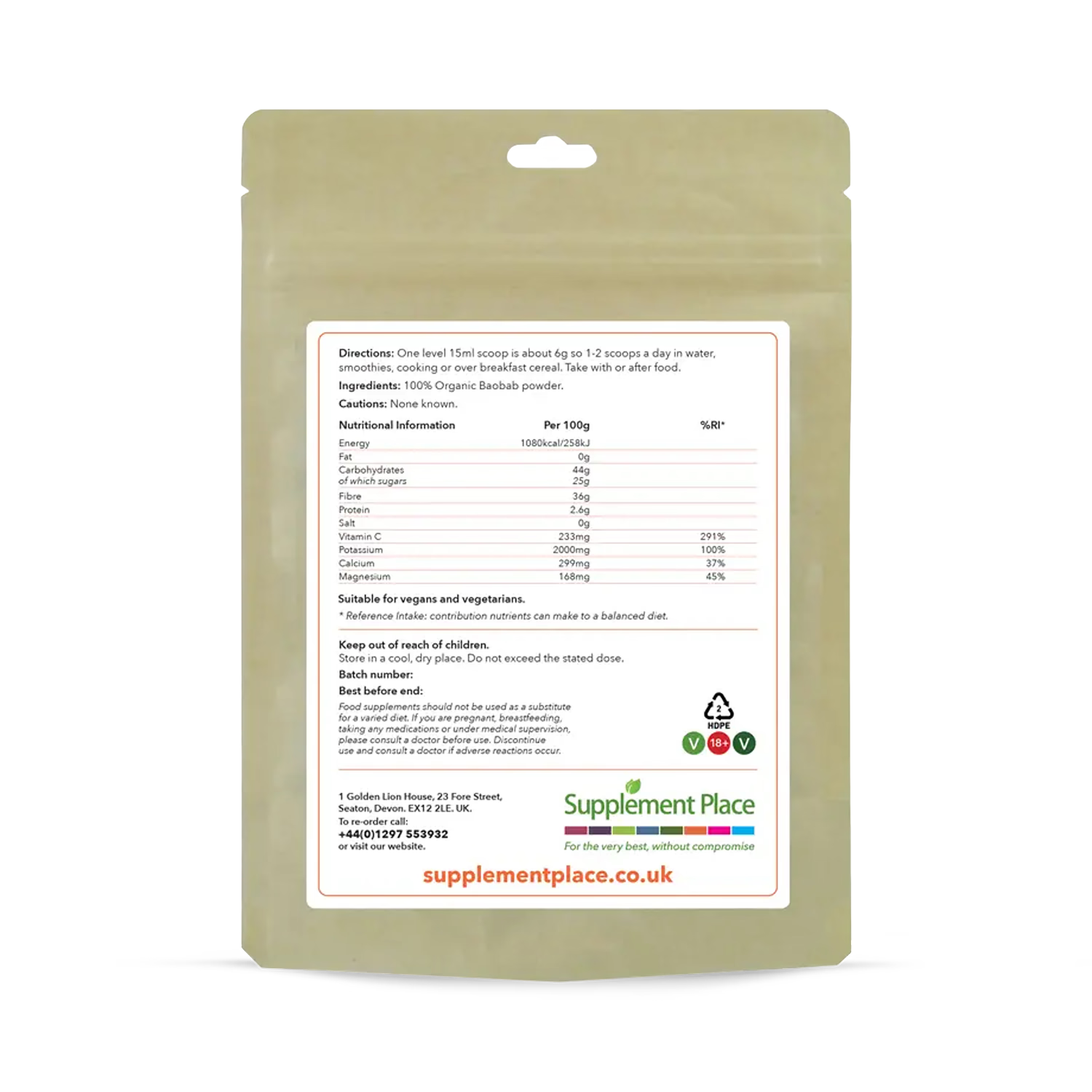 Supplement Place organic baobab powder 500g - British product