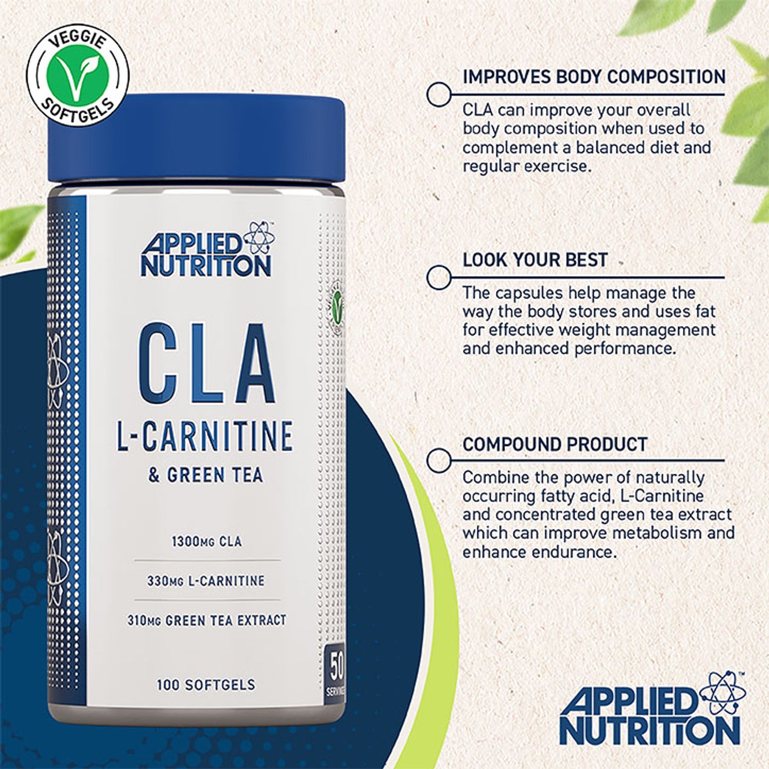 Applied Nutrition CLA L-Carnitine Green Tea 100 Capsules - British product
