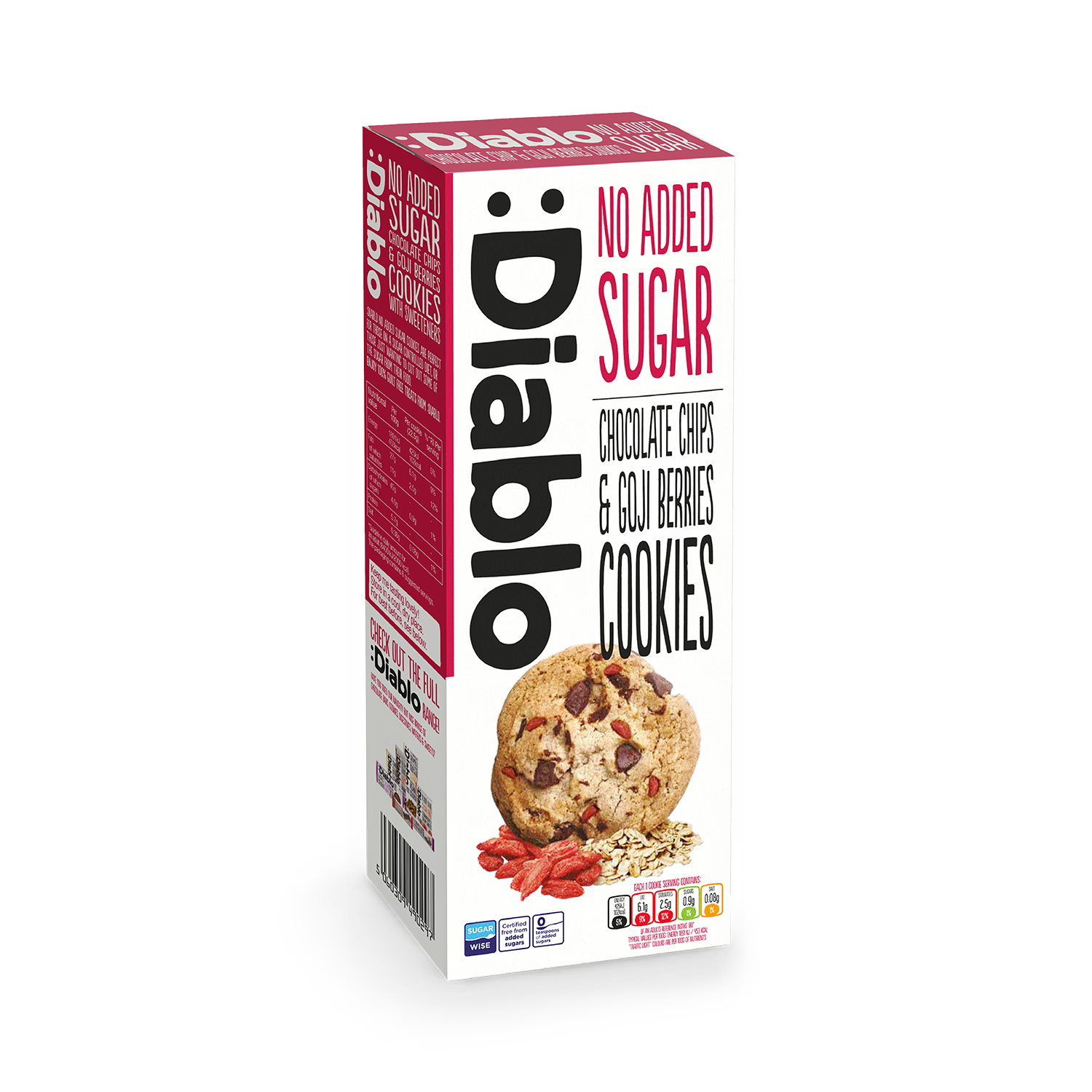 Diablo no added sugar cookies with chocolate chips and goji berries 135g, UK version