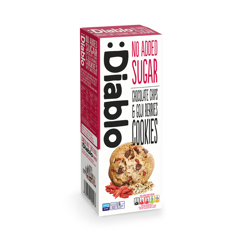 Diablo no added sugar cookies with chocolate chips and goji berries 135g, UK version