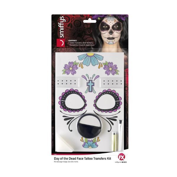 Smiffys Day of the Dead Face Tattoo Transfer Kit Red & Black