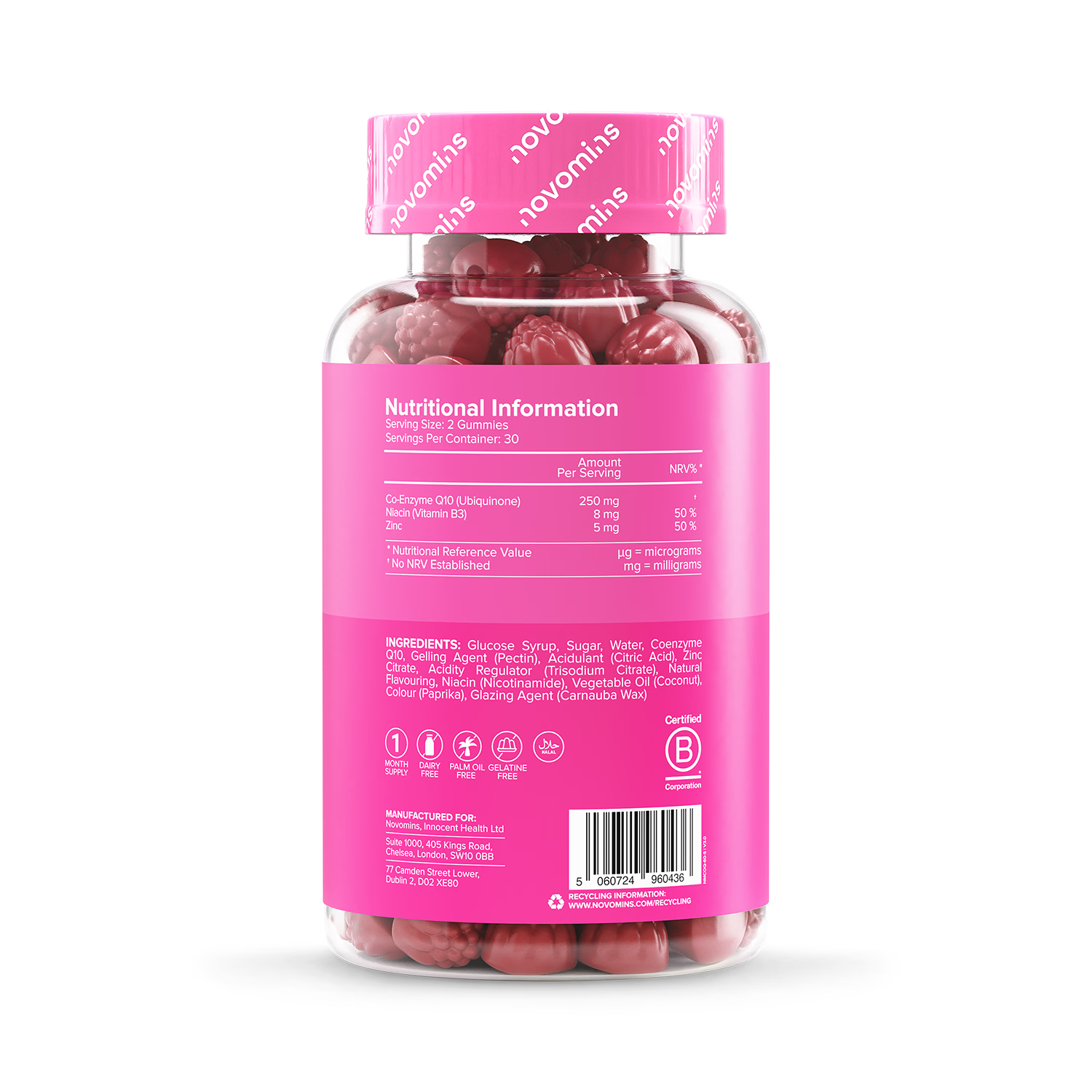 Novomins Co-Q10 peach flavour gummies 60 count, UK version