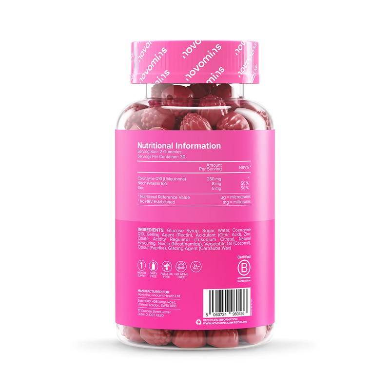 Novomins Co-Q10 peach flavour gummies 60 count, UK version