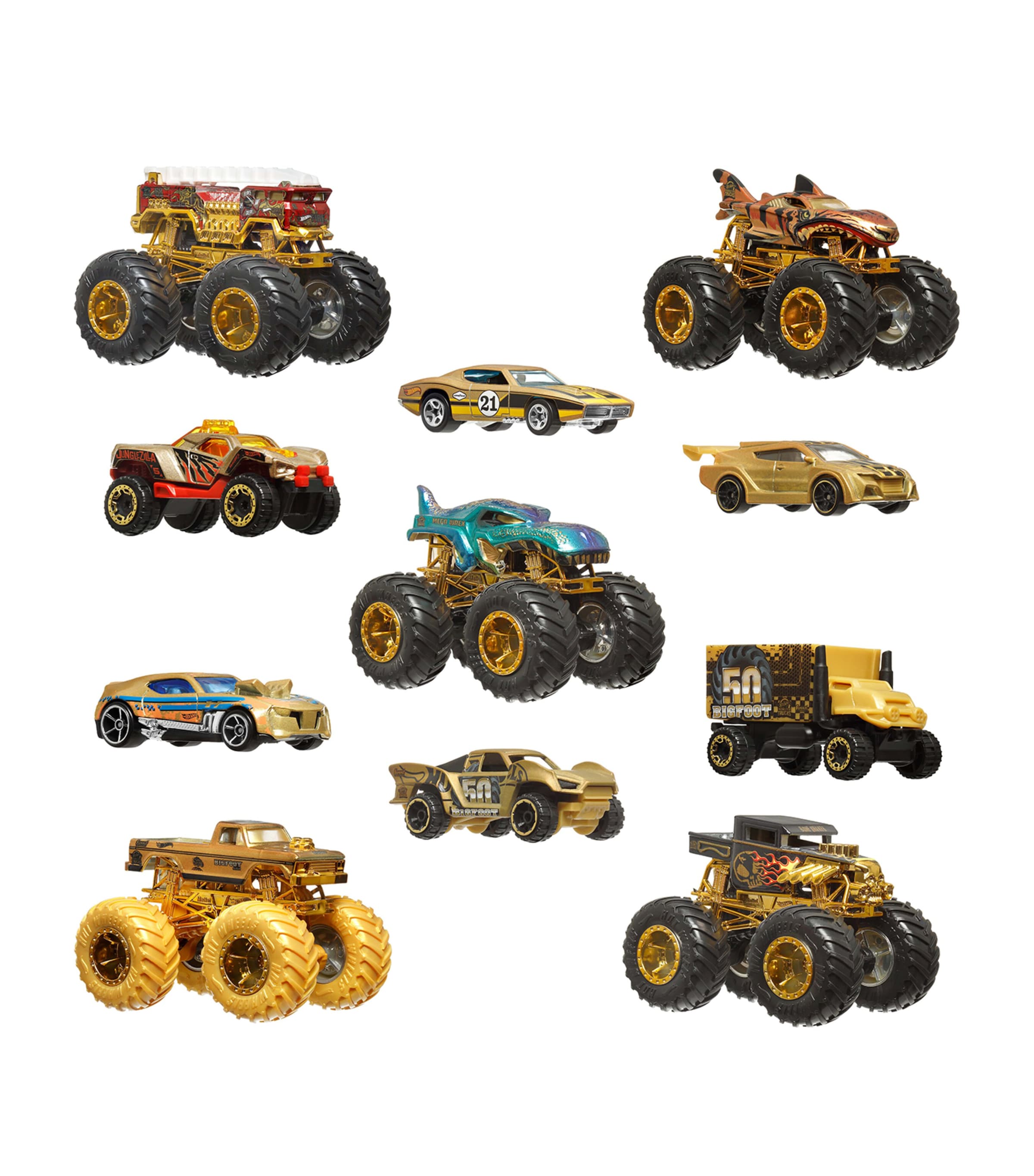 Hot Wheels monster trucks trophy champions collection with die-cast cars, UK version