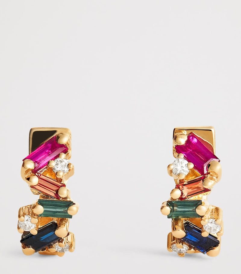 Suzanne Kalan huggie earrings 18k gold rainbow sapphires, imported from the UK