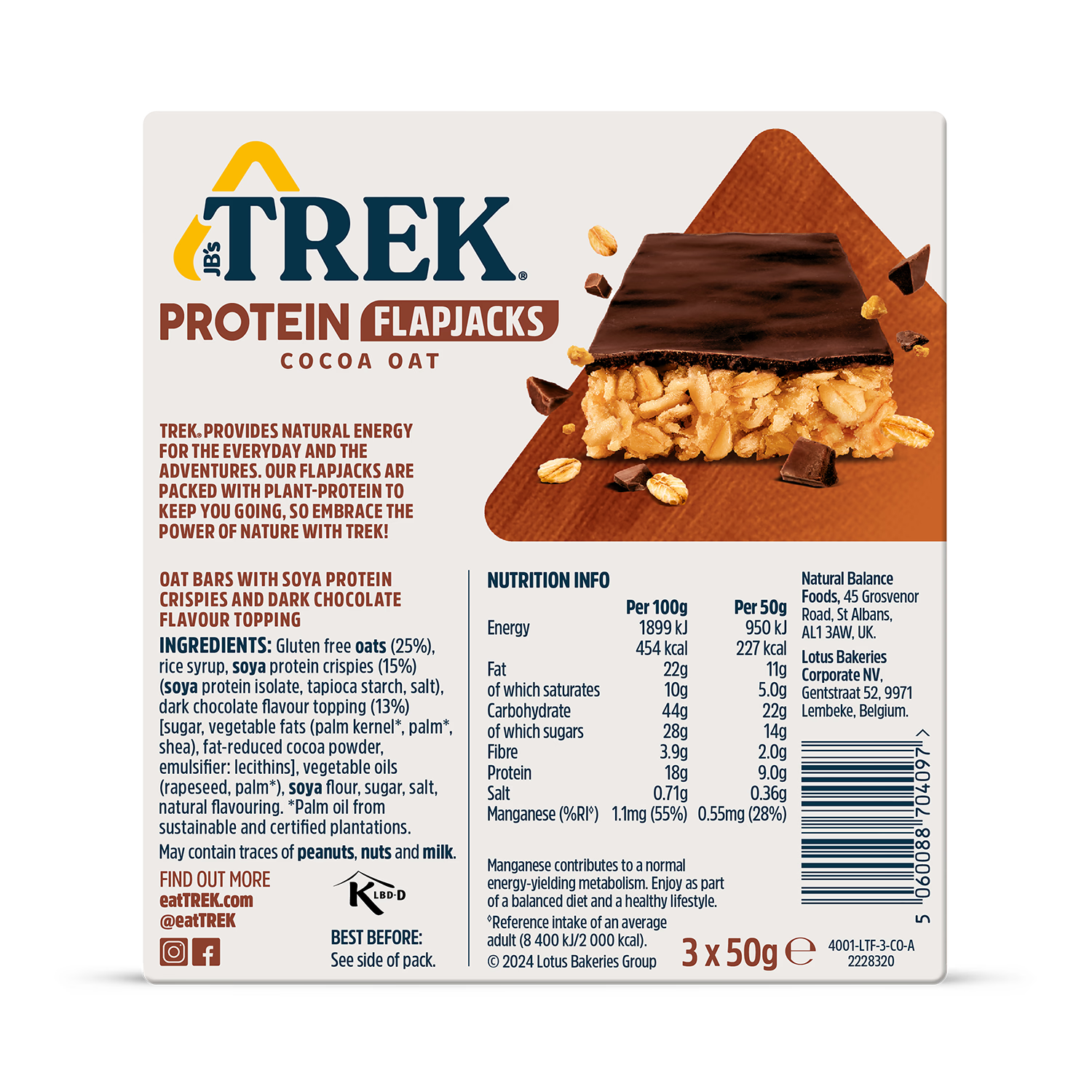 Trek Cocoa Oat Protein Flapjacks 3x50g, imported from the UK