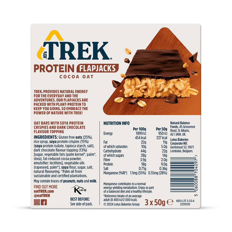 Trek Cocoa Oat Protein Flapjacks 3x50g, imported from the UK