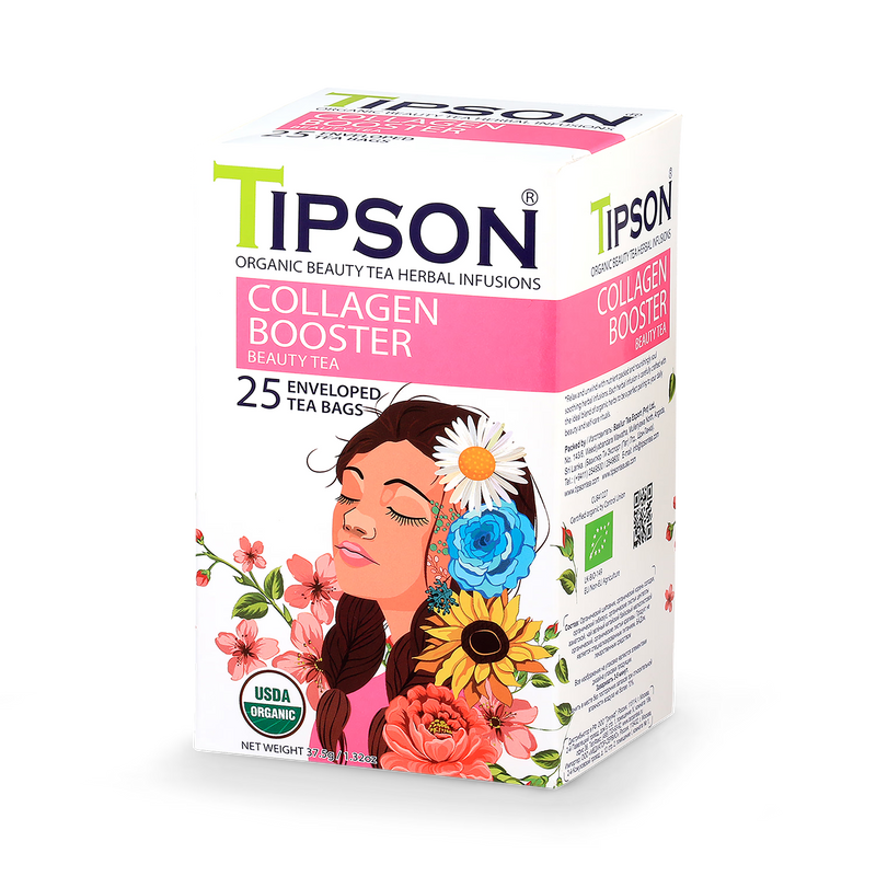 Tipson organic collagen booster tea 25 enveloped tea bags, imported from the UK