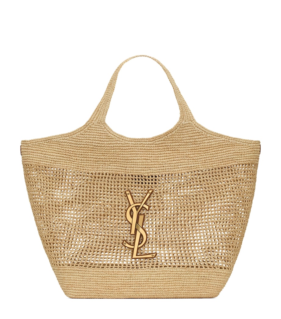 Saint Laurent Icare tote bag woven raffia gold-tone YSL emblem (British brand)
