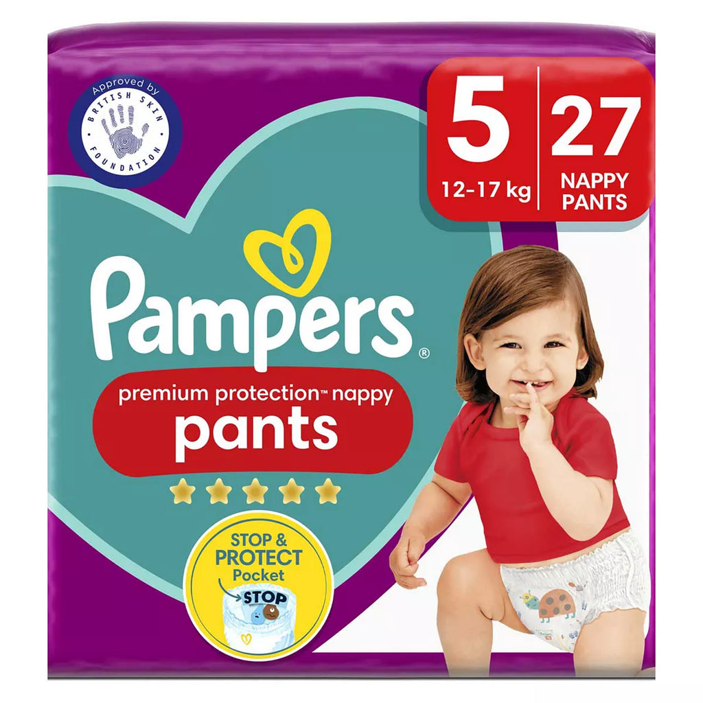 Pampers Premium Protection Nappy Pants Size 5, 27 Nappies, Essential Pack