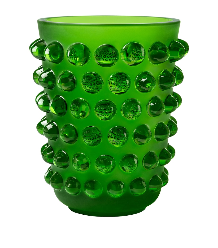 Lalique crystal vase with matte texture and glossy spheres in emerald, 21cm height, UK version