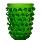 Lalique crystal vase with matte texture and glossy spheres in emerald, 21cm height, UK version