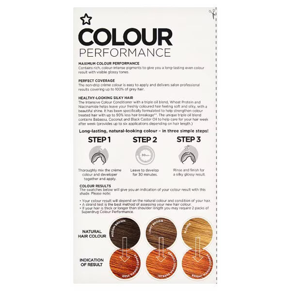 Superdrug permanent hair dye 7.4 Copper Burst (British brand)