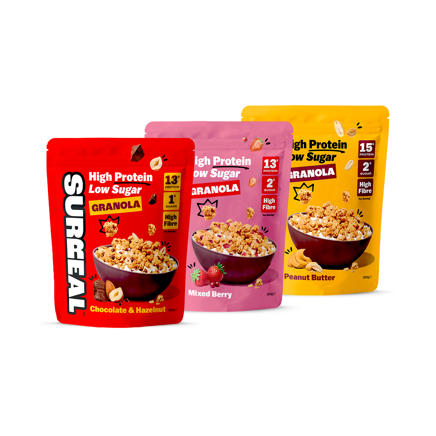 Surreal High Protein Granola Variety Bundle 3 x 300g, imported from the UK