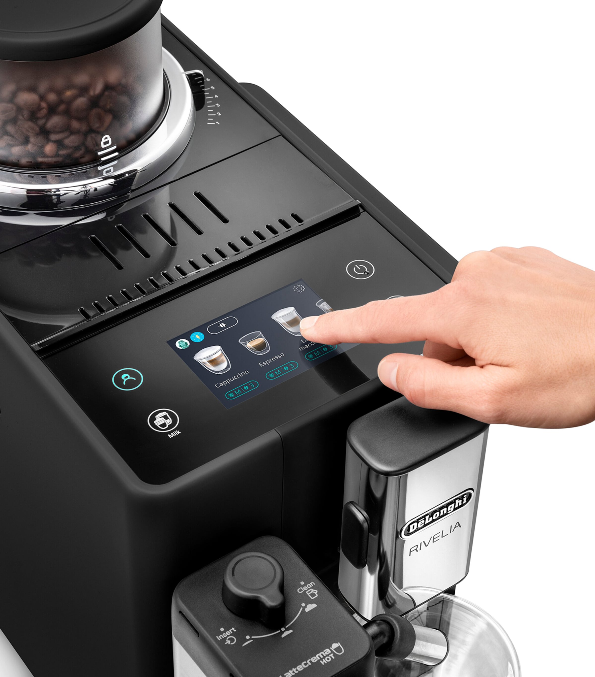 De'Longhi Rivelia coffee machine with touch display and milk carafe - British product