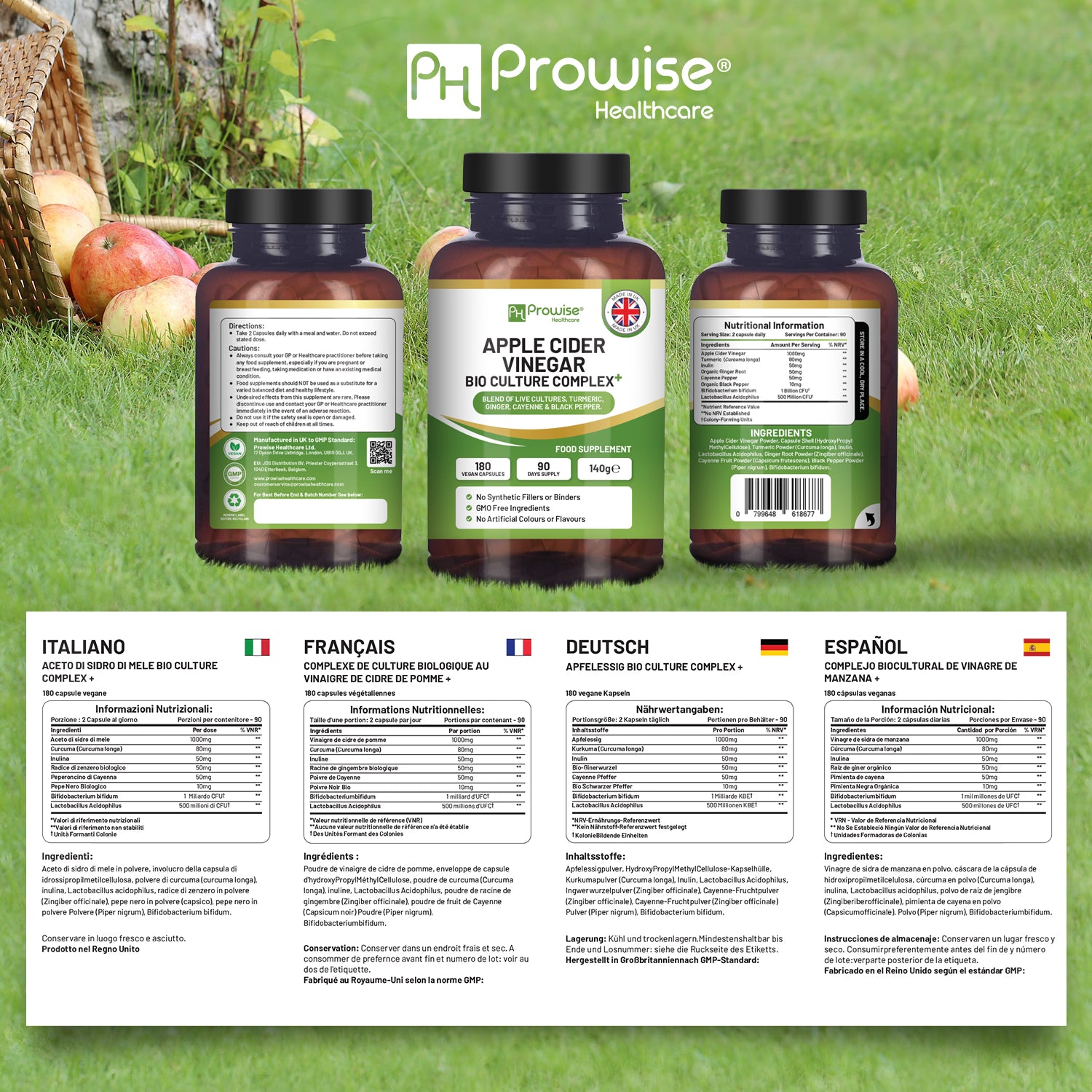 Prowise Healthcare apple cider vinegar with bio cultures capsules 1300mg, UK version