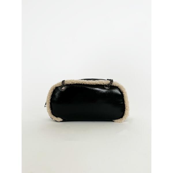 SVNX patent shoulder bag with Borg fur trim black - British product