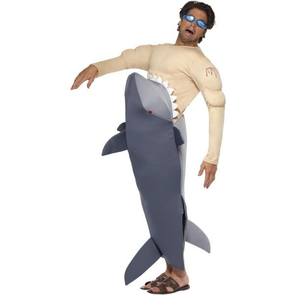 Smiffys man eating shark costume in grey with bodysuit and goggles, UK version