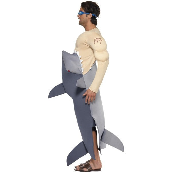 Smiffys man eating shark costume in grey with bodysuit and goggles, UK version