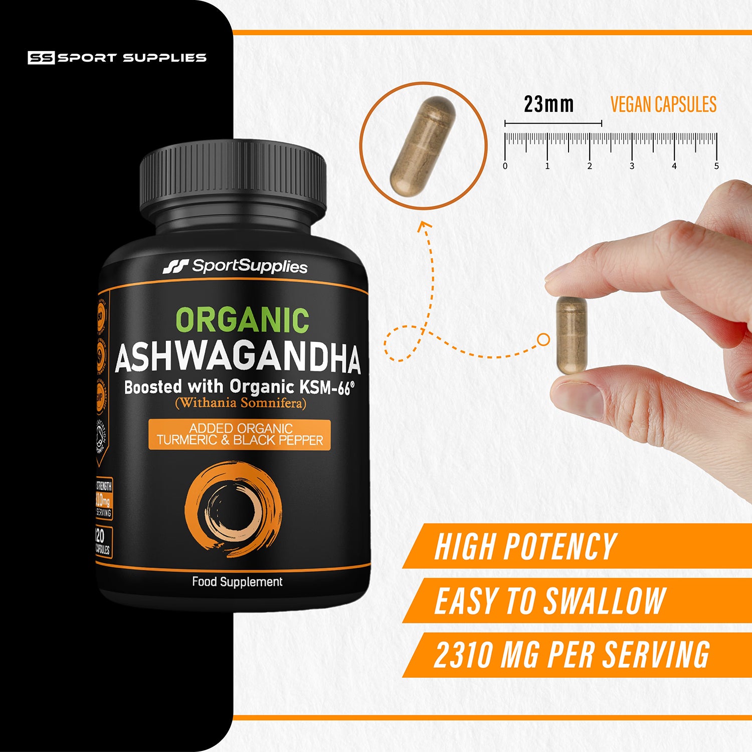 Organic Ashwagandha supplement with KSM-66 and Turmeric capsules, UK version