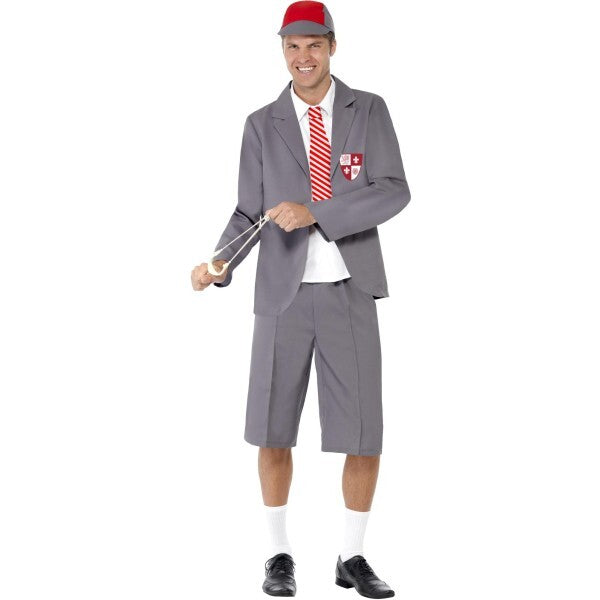Smiffys schoolboy costume with grey blazer, shorts and cap, imported from the UK