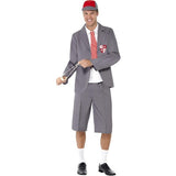 Smiffys schoolboy costume with grey blazer, shorts and cap, imported from the UK