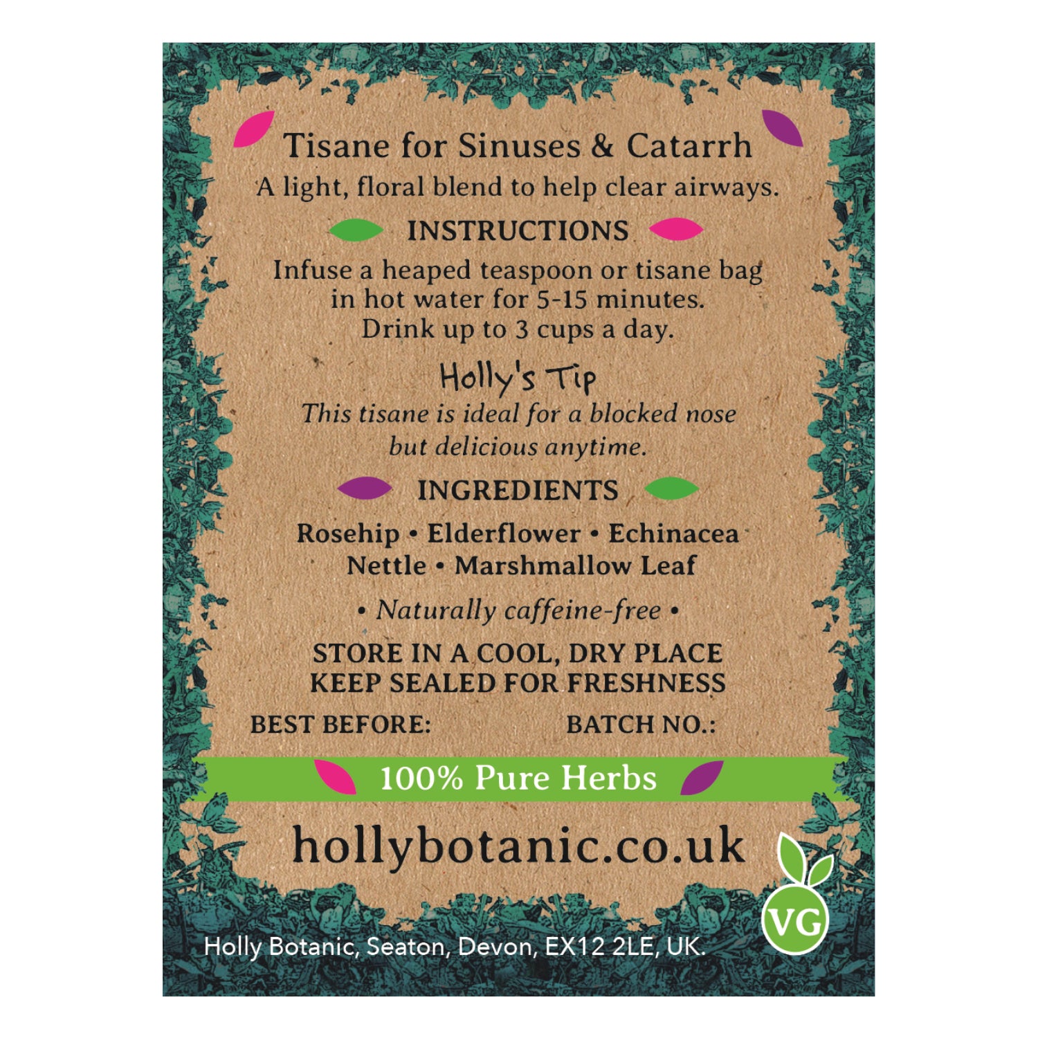 Holly Botanic Breathe Tisane elderflower rosehip 15 tea bags, imported from the UK