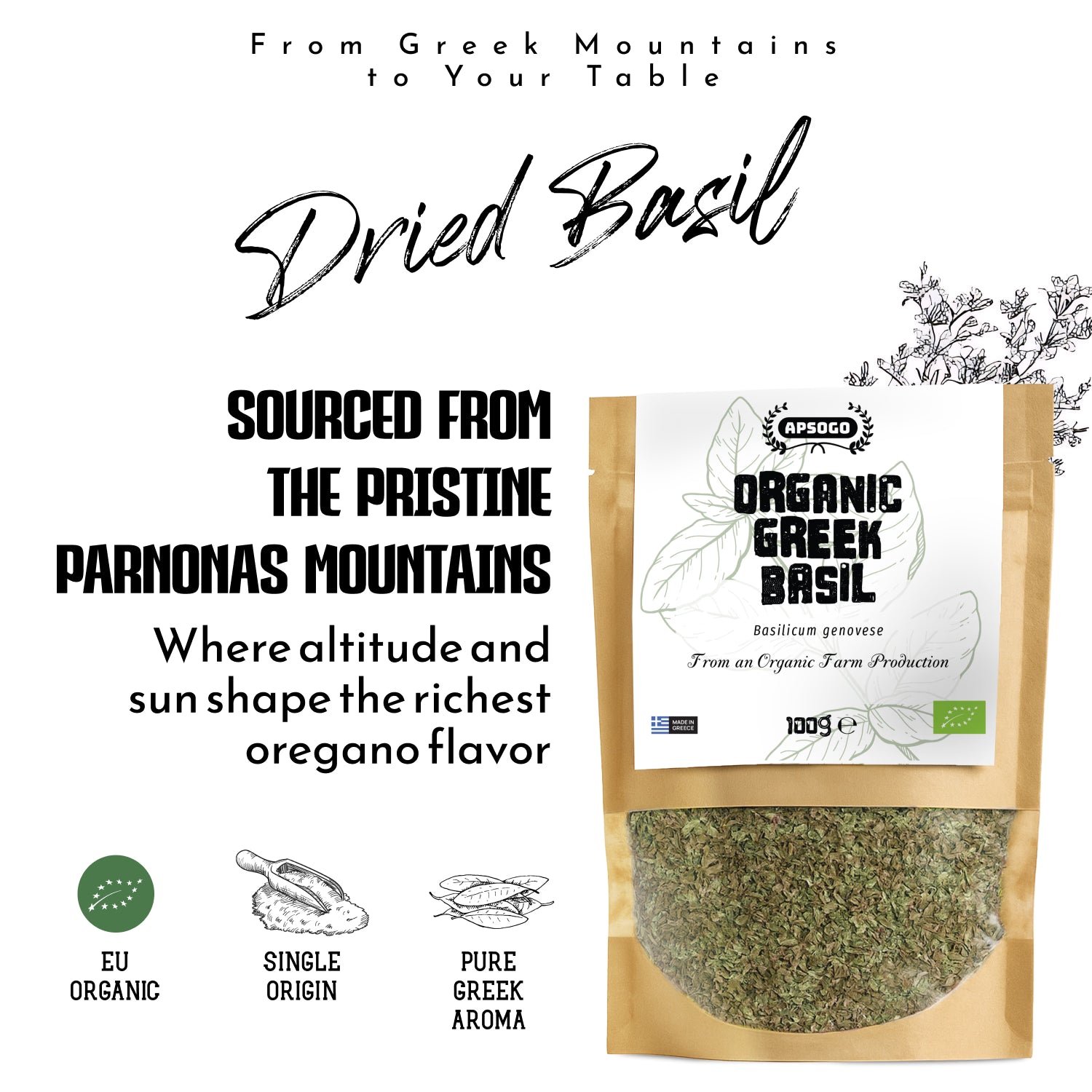 APSOGO organic dried basil 100g - British product