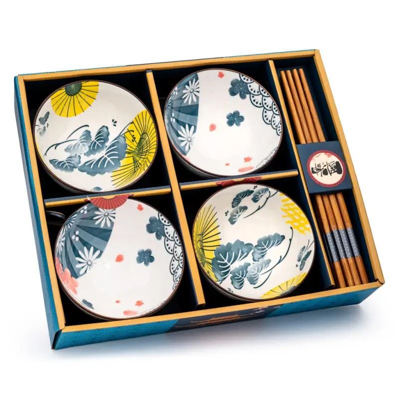 Flower pattern rice bowl and chopstick set 4 sets - British product