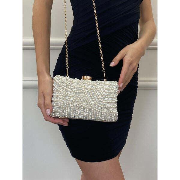 SVNX gold pearl embellished clutch bag, UK version