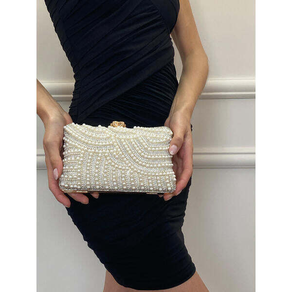 SVNX gold pearl embellished clutch bag, UK version