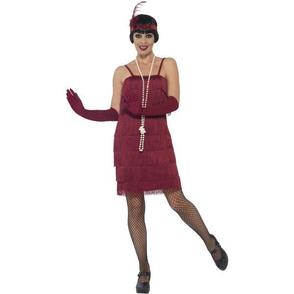 Smiffys burgundy red flapper costume with short dress, imported from the UK