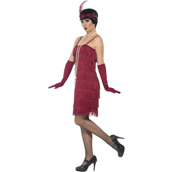 Smiffys burgundy red flapper costume with short dress, imported from the UK