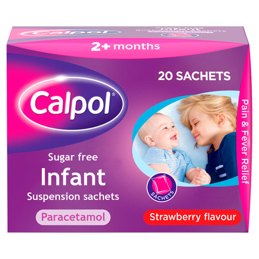 Calpol Infant Suspension Sachet, Sugar Free Strawberry 20x5ml 2months + toiletries Sainsburys   
