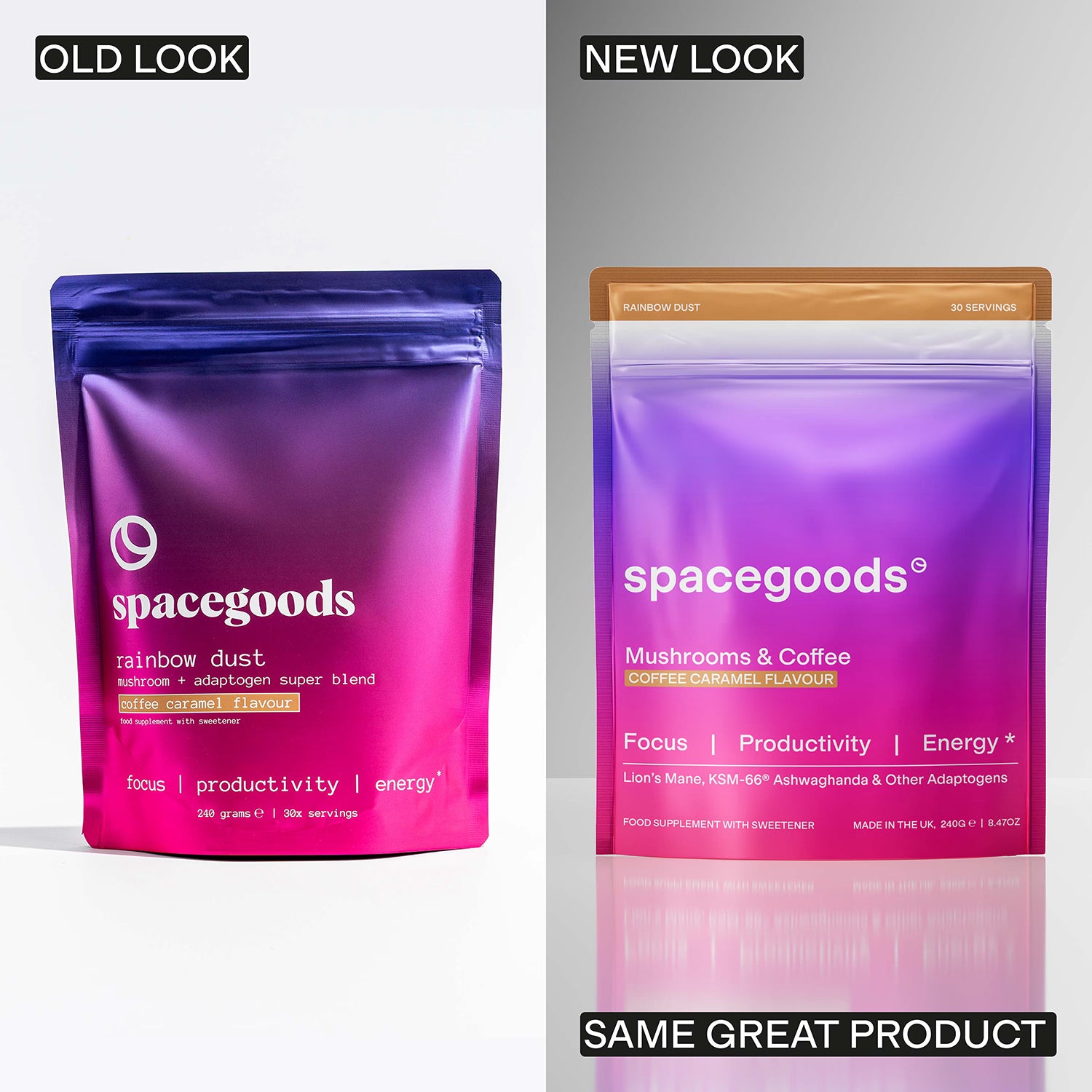Spacegoods Rainbow Dust Coffee Caramel superfood powder 240g, imported from the UK