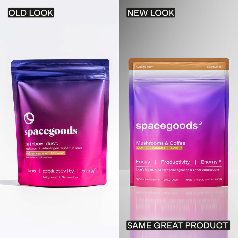 Spacegoods Rainbow Dust Coffee Caramel superfood powder 240g, imported from the UK