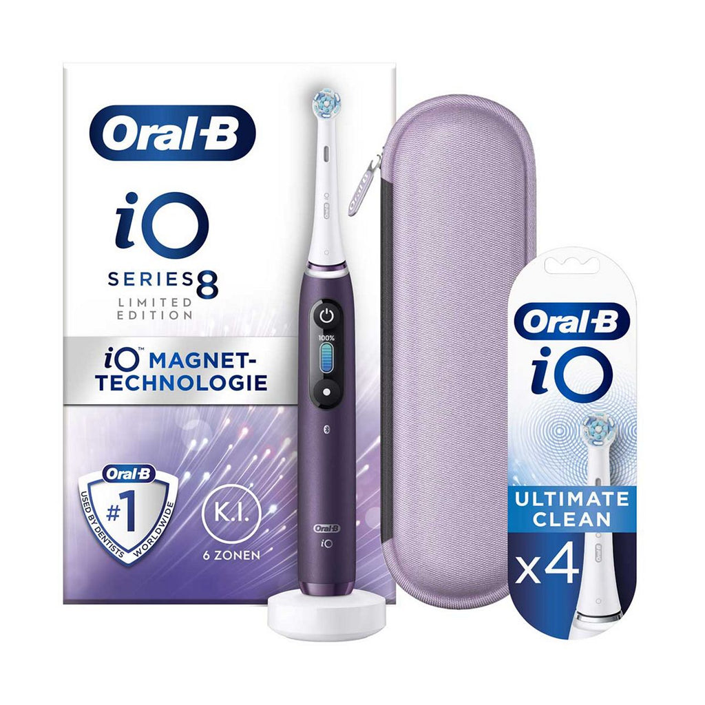 Oral-B iO8™ Electric Toothbrush Violet + iO™ Ultimate Clean White Replacement Electric Toothbrush Heads 4 Pack Bundle