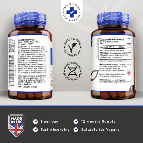 Nutravita Vitamin K2 MK-7 supplement 200mcg 365 micro tablets, UK version