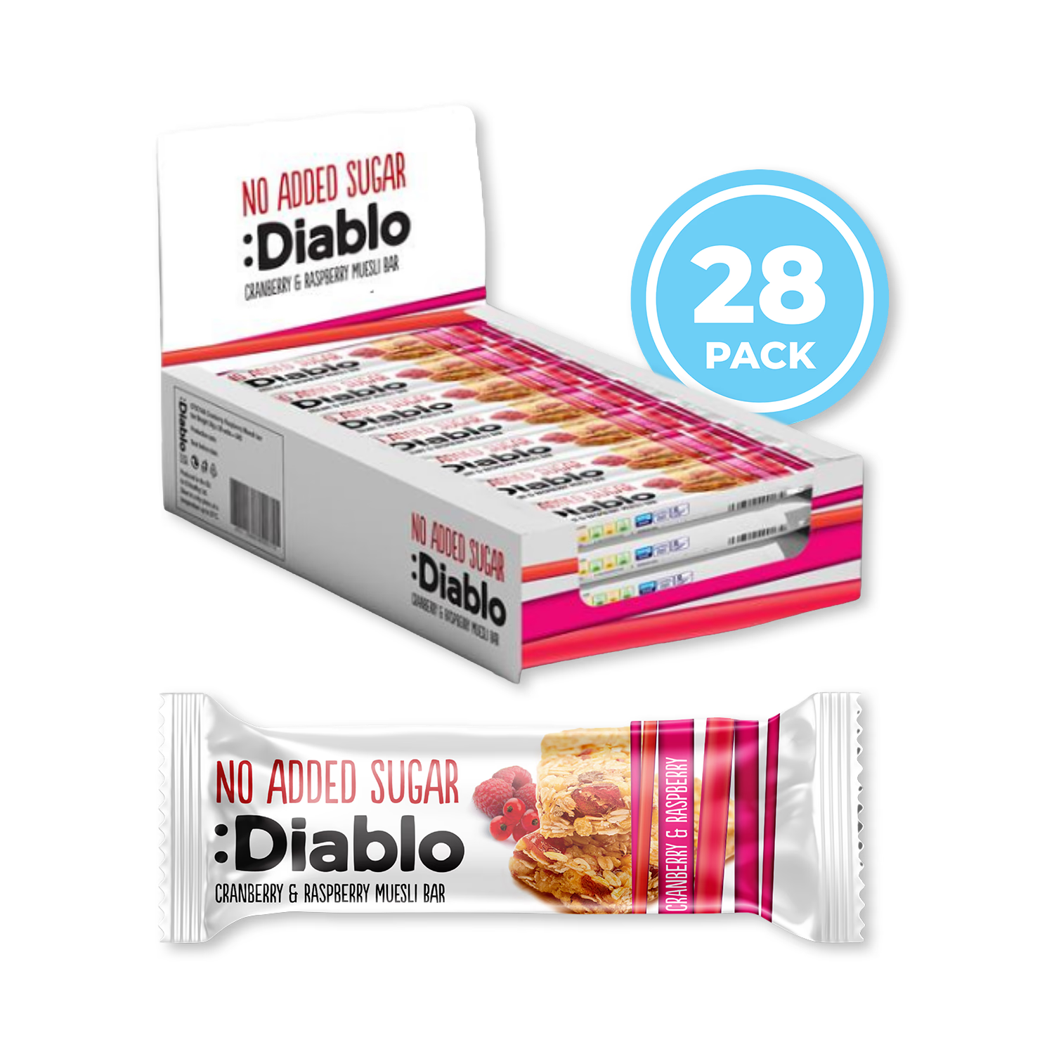 Diablo no added sugar muesli bars cranberry raspberry 30g, UK version