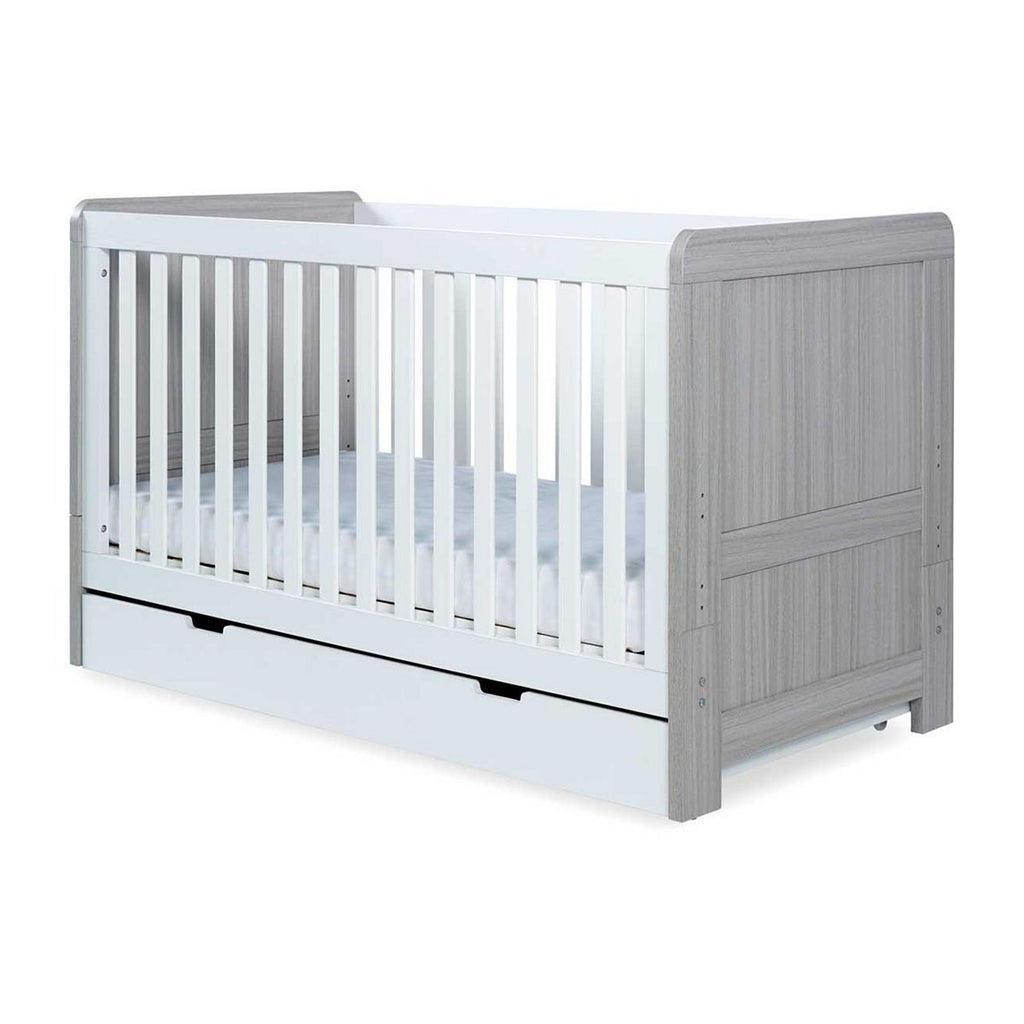 Ickle Bubba Pembrey Cot Bed, Under Drawer and Sprung Mattress - Ash Grey and White