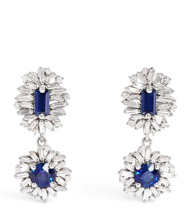Suzanne Kalan drop earrings white gold diamond blue sapphire, imported from the UK