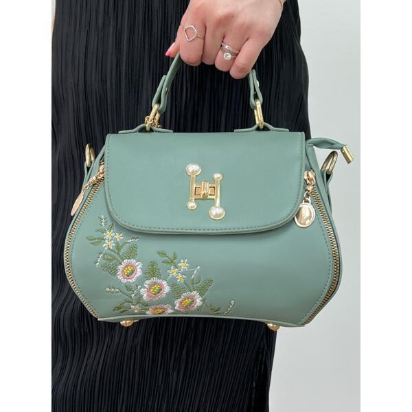 Embroidered crossbody bag in green with PU finish (British brand)