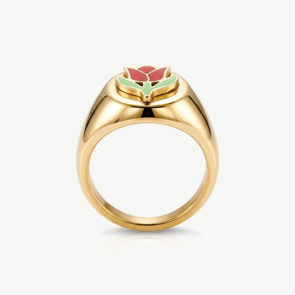 MUCHV Statement Signet Ring with Red Rose Flower in 18k Gold