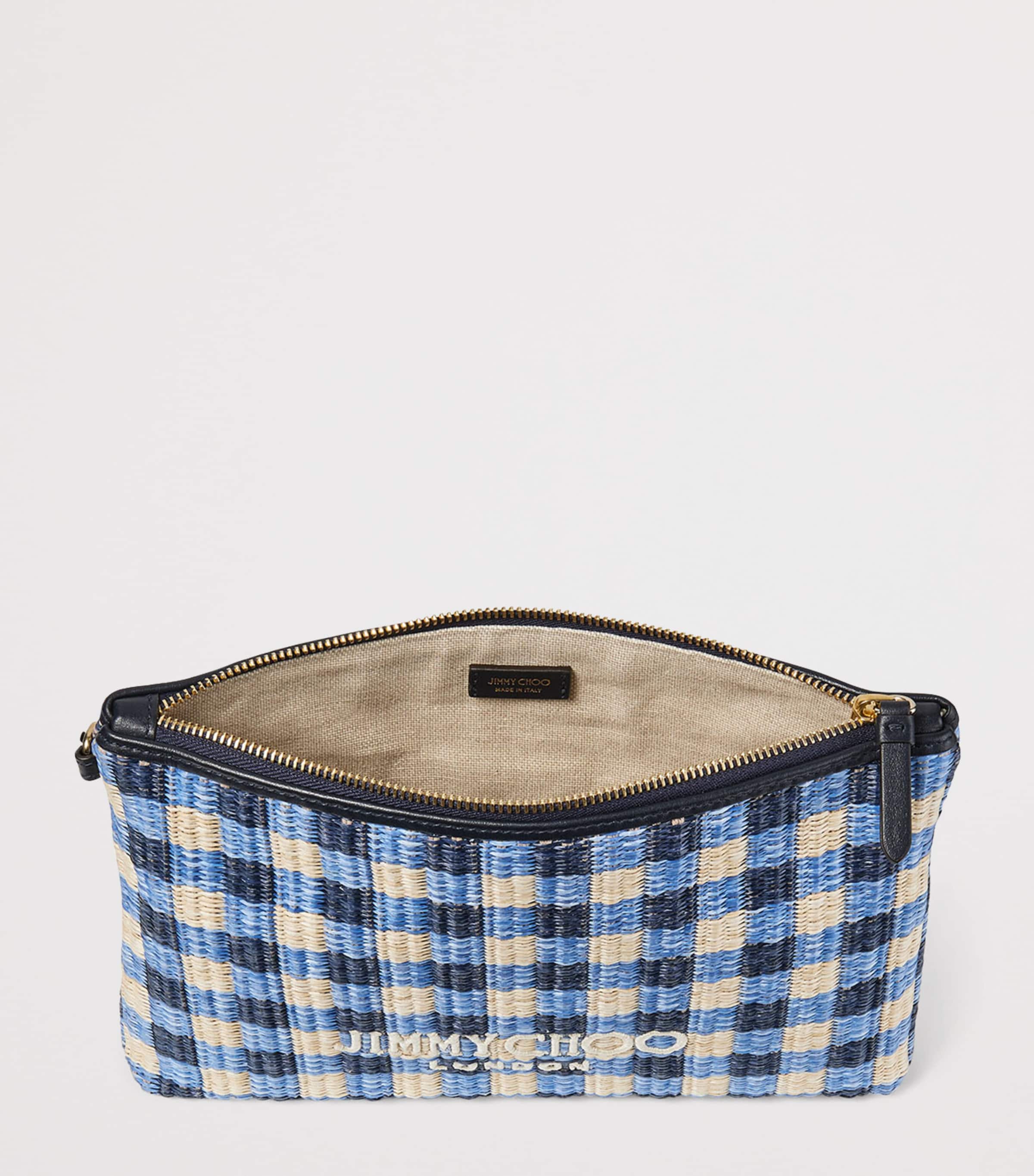 Jimmy Choo raffia logo pouch, imported from the UK