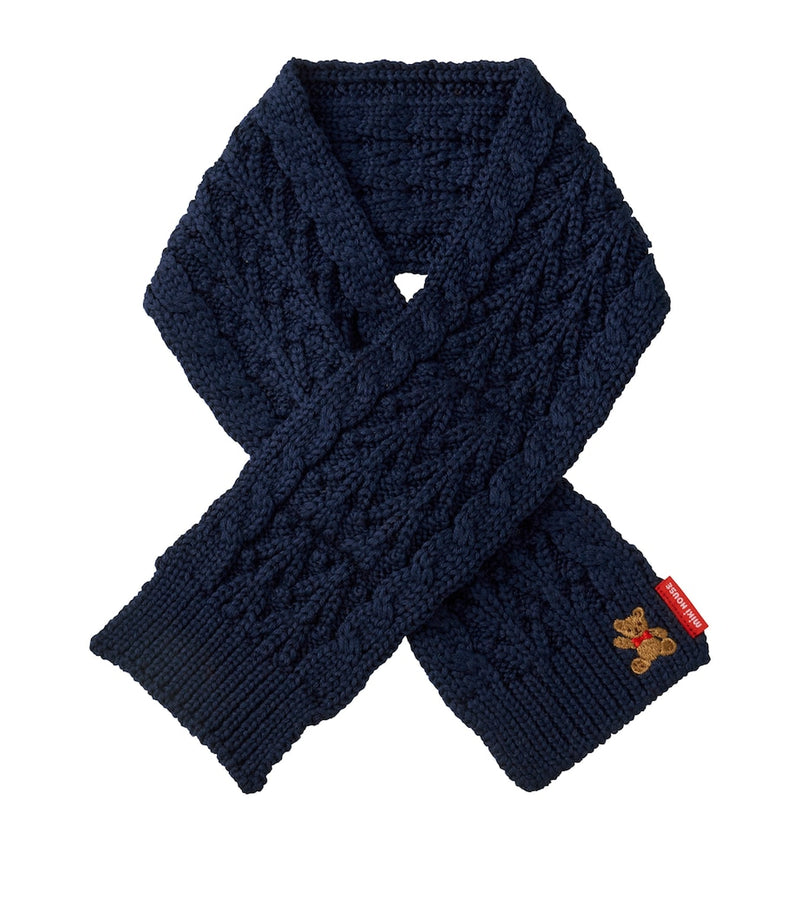 Miki House bear-embroidered cable-knit scarf - British product
