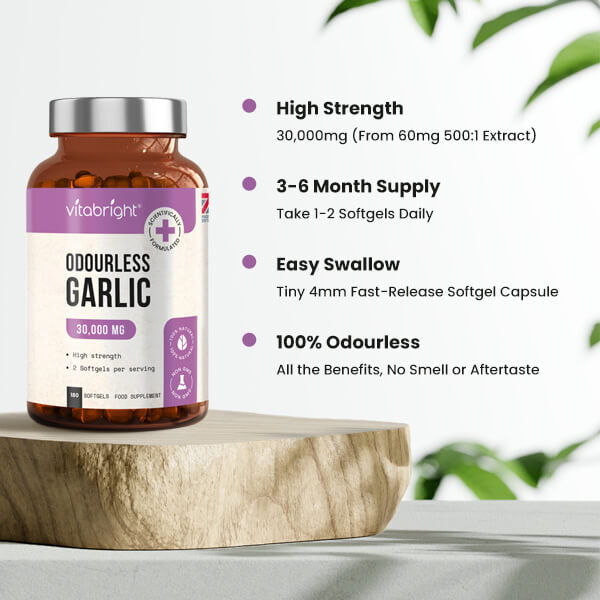 VitaBright odourless high strength garlic softgels 180 count, UK version