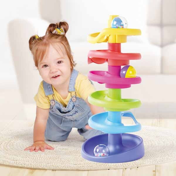 Quercetti Spiral Tower toy with colourful balls, imported from the UK