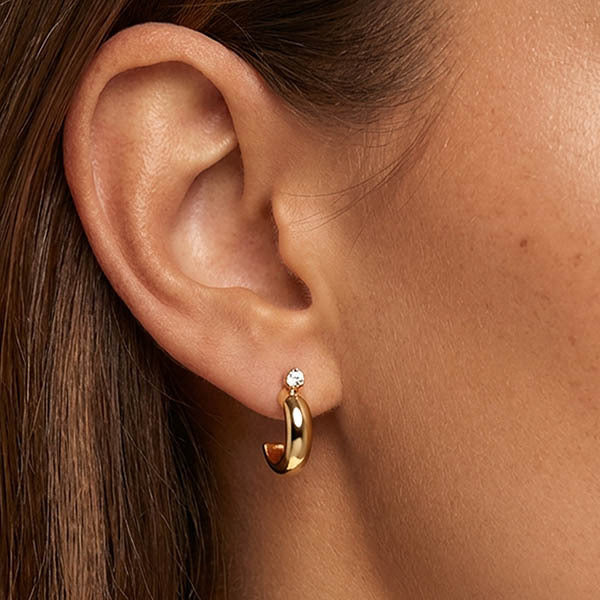 MUCHV gold huggie hoop earrings with cubic zirconia, imported from the UK