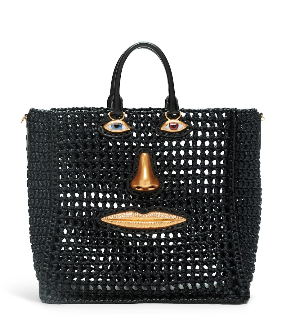 Schiaparelli raffia face tote bag H32cm with leather trims (British brand)
